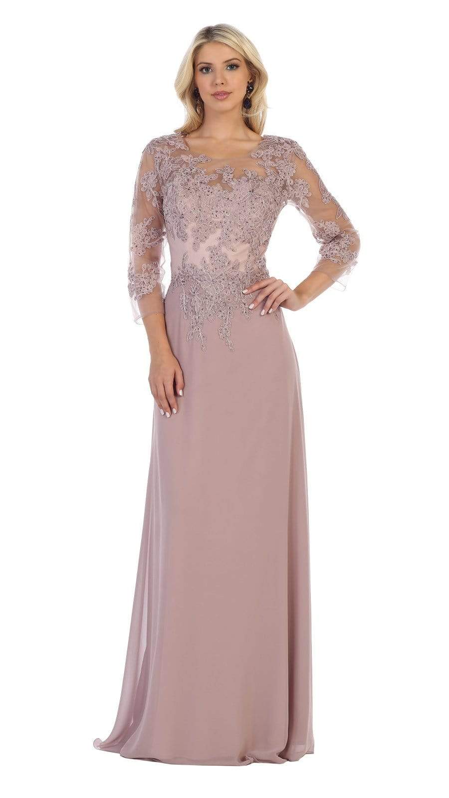 May Queen - MQ1637 Illusion Quarter Sleeve Appliqued Sheath Gown Special Occasion Dress