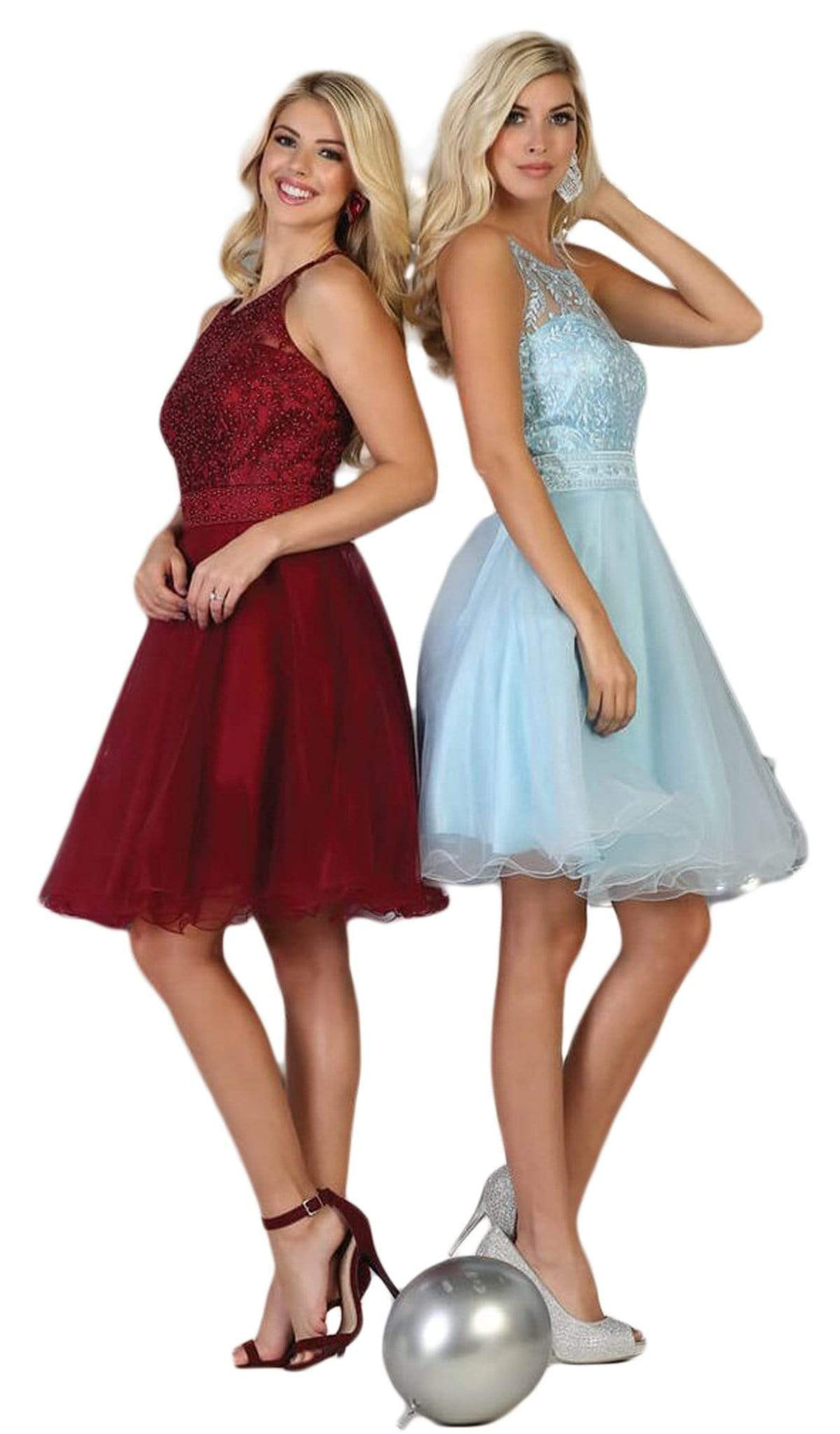 May Queen - MQ1658 Lace Applique Illusion Scoop Neck Cocktail Dress Cocktail Dresses 2 / Baby-Blue