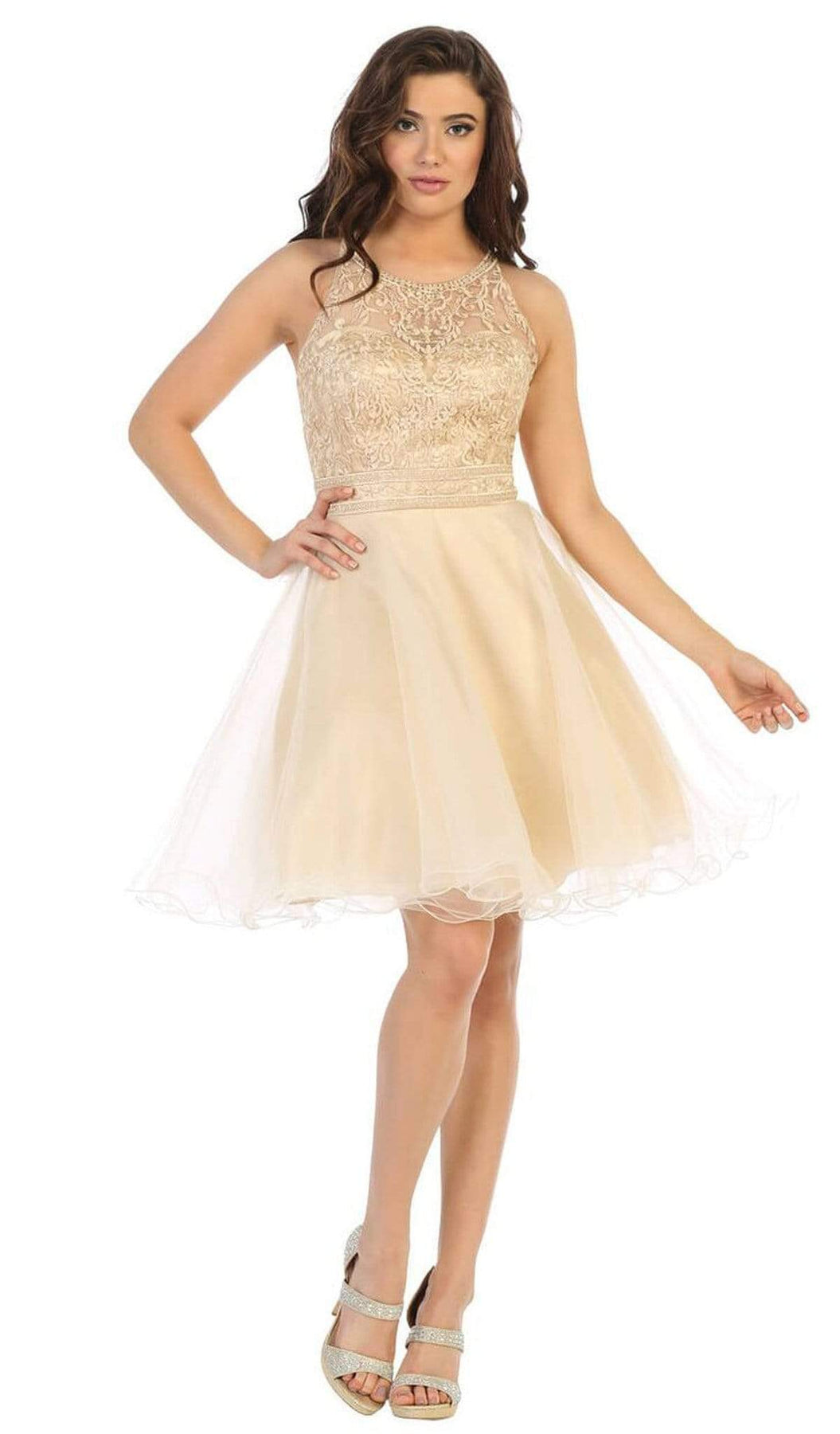 May Queen - MQ1658 Lace Applique Illusion Scoop Neck Cocktail Dress Cocktail Dresses 2 / Champagne
