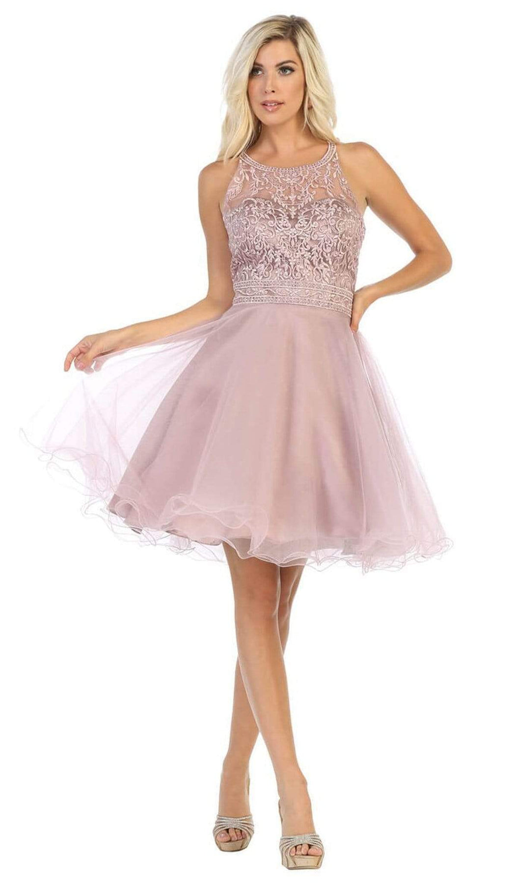 May Queen - MQ1658 Lace Applique Illusion Scoop Neck Cocktail Dress Cocktail Dresses 2 / Mauve
