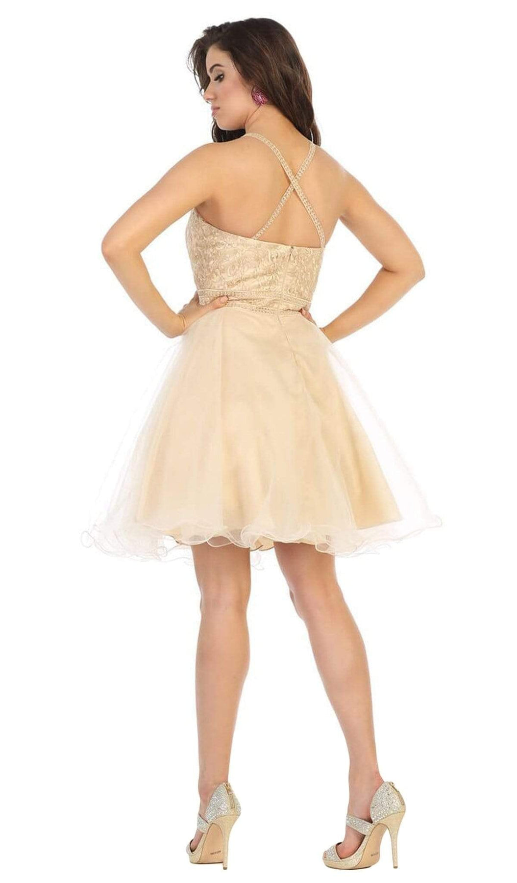May Queen - MQ1658 Lace Applique Illusion Scoop Neck Cocktail Dress Cocktail Dresses