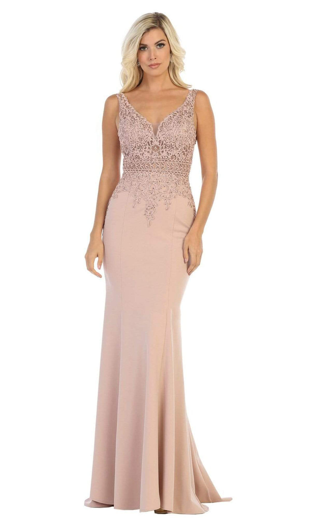 May Queen - MQ1674 Embroidered Plunging V-neck Trumpet Dress Bridesmaid Dresses