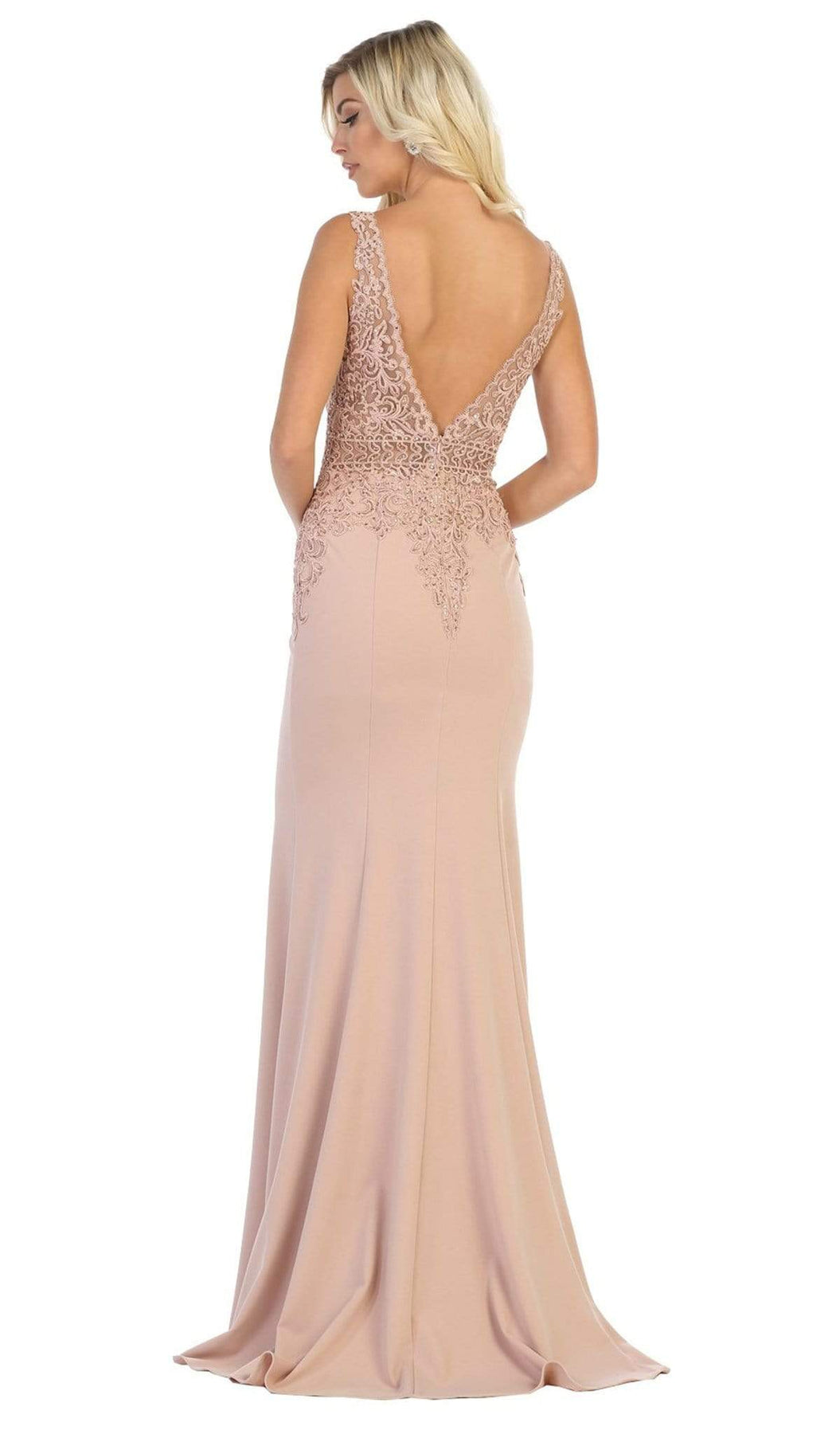 May Queen - MQ1674 Embroidered Plunging V-neck Trumpet Dress Bridesmaid Dresses