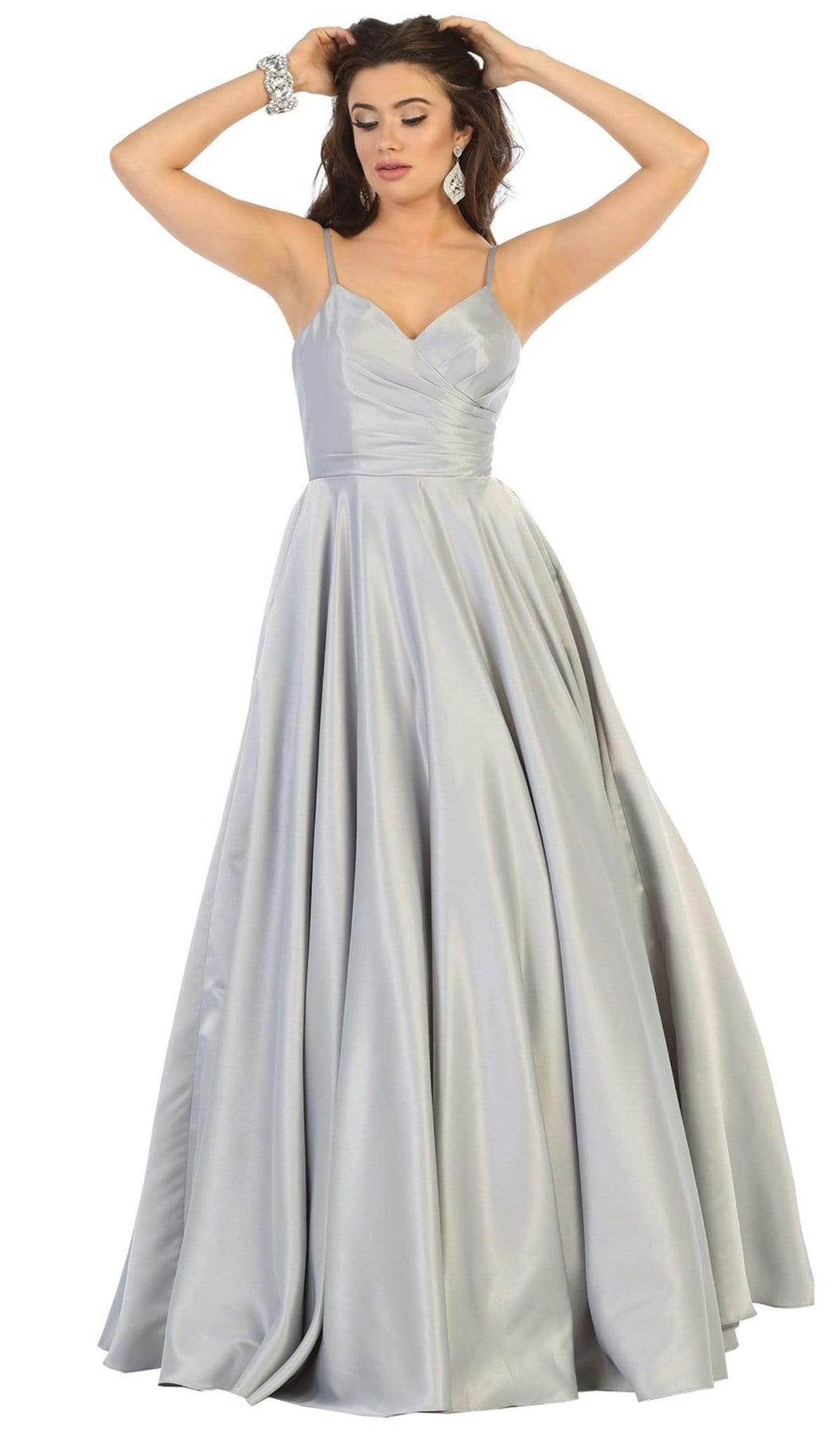 May Queen - MQ1678 Spaghetti Straps Corset Back Long Satin Gown Bridesmaid Dresses 2 / Silver