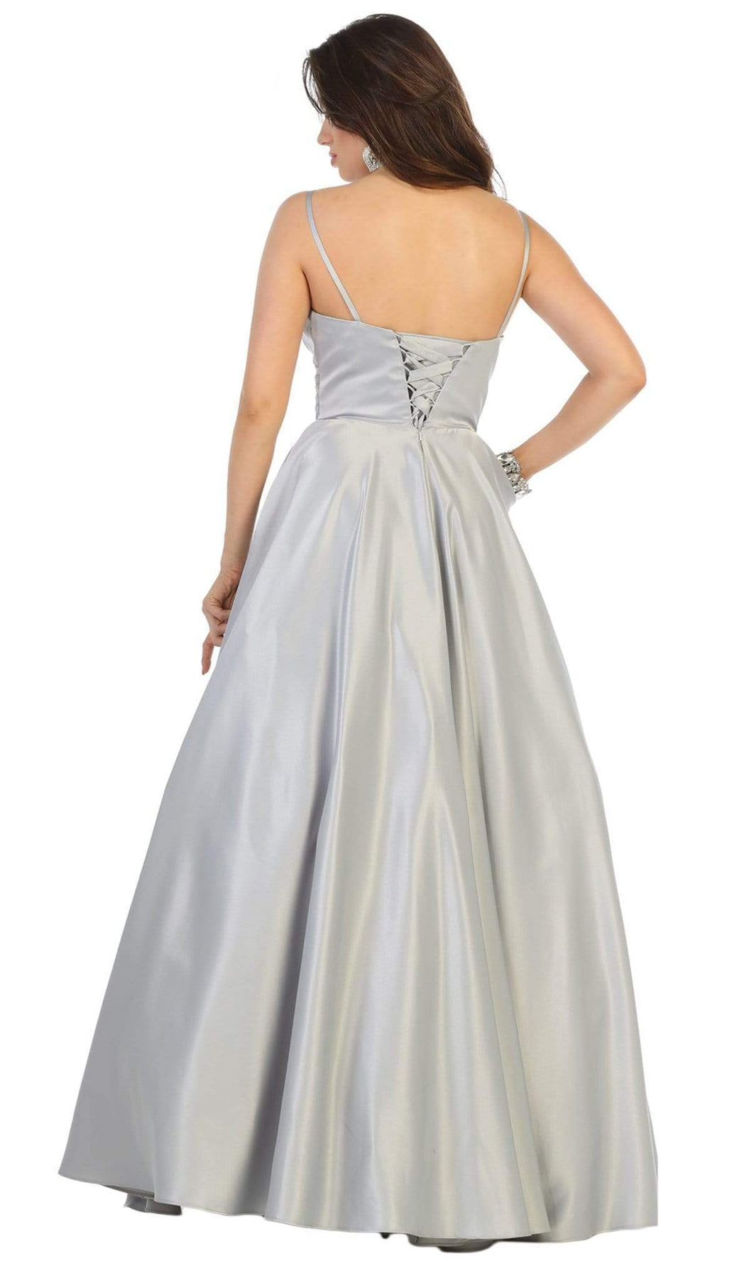 May Queen - MQ1678 Spaghetti Straps Corset Back Long Satin Gown Bridesmaid Dresses