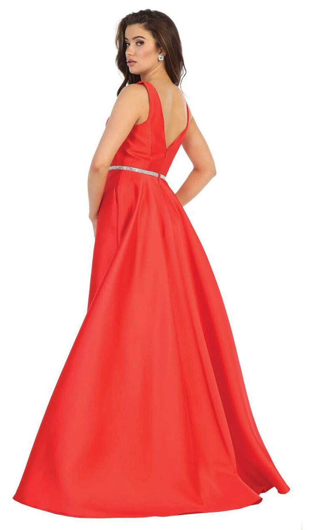 May Queen - MQ1683 Illusion Plunging Neck Sleeveless Satin A-Line Gown Bridesmaid Dresses