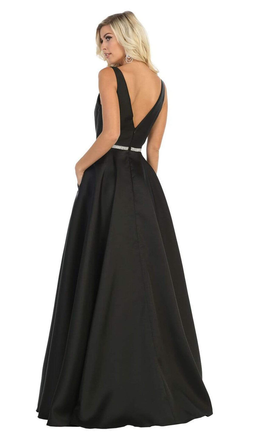 May Queen - MQ1683 Illusion Plunging Neck Sleeveless Satin A-Line Gown Bridesmaid Dresses