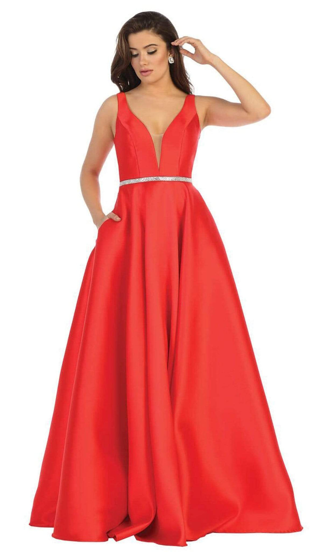 May Queen - MQ1683 Illusion Plunging Neck Sleeveless Satin A-Line Gown Bridesmaid Dresses 4 / Red