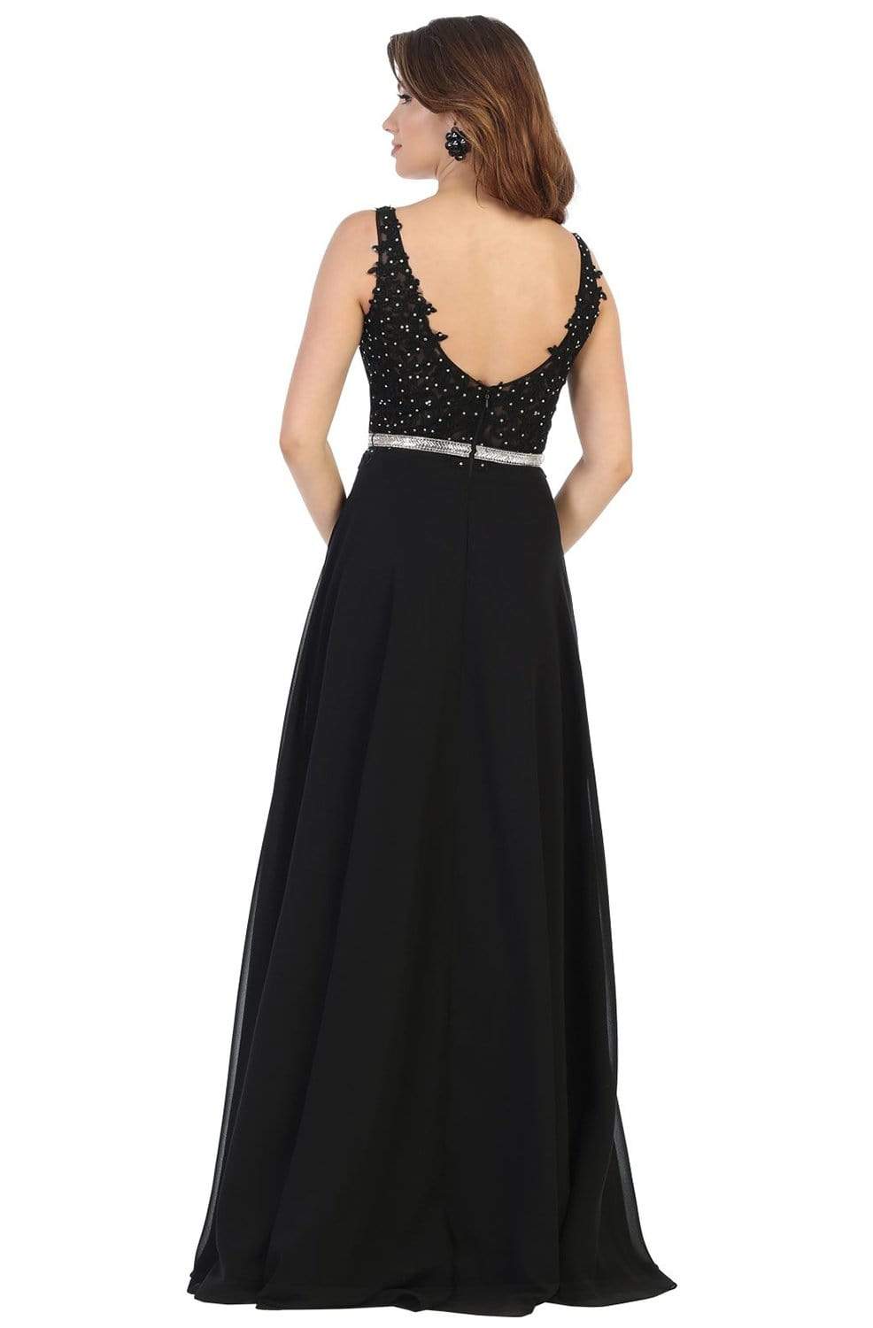 May Queen - MQ1701 Embroidered Plunging V-neck A-line Gown Evening Dresses
