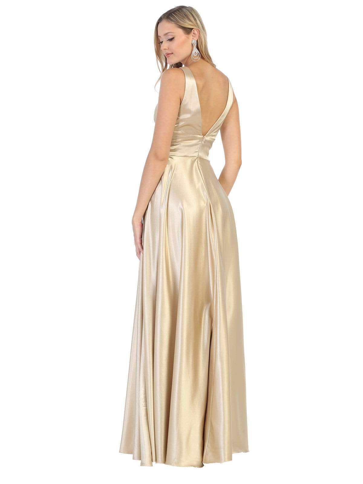 May Queen - MQ1723 Plunging V-Neck Empire High Slit Dress Evening Dresses