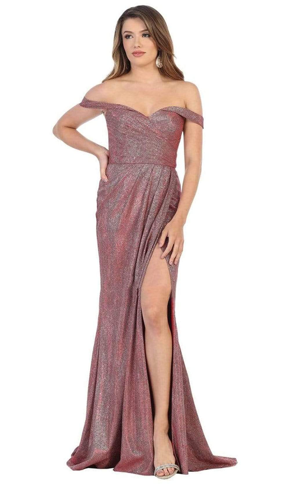 May Queen - MQ1724 Ruched Off-Shoulder Dress with Slit Evening Dresses 4 / Red/Multi