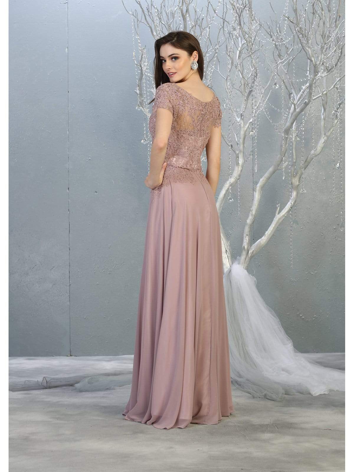 May Queen - MQ1763 Short Sleeve Jeweled Applique A-Line Dress Prom Dresses