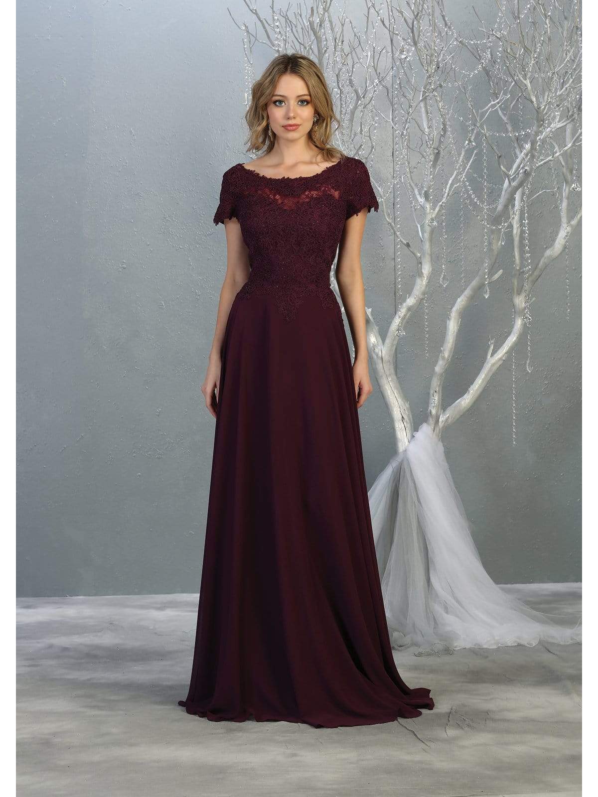 May Queen - MQ1763 Short Sleeve Jeweled Applique A-Line Dress Prom Dresses M / Eggplant
