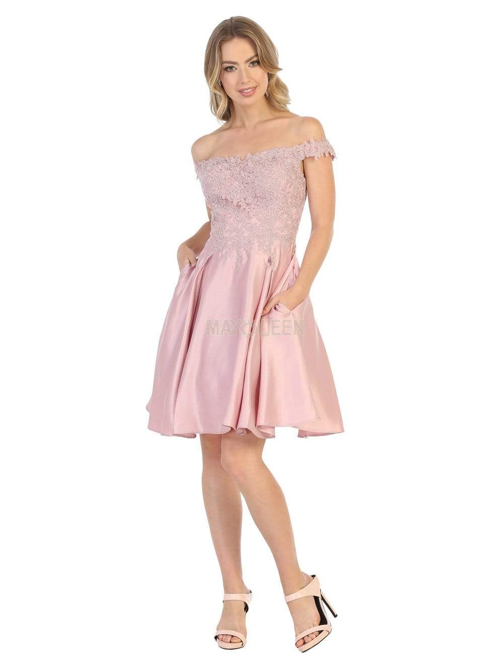 May Queen - MQ1766 Off Shoulder Beaded Lace Satin Cocktail Dress Homecoming Dresses