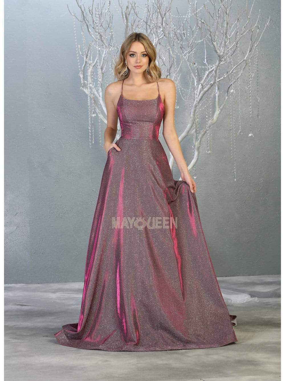 May Queen - Spaghetti Straps Box Pleats Straight-Across Dress MQ1776SC In Pink and Multi-Color