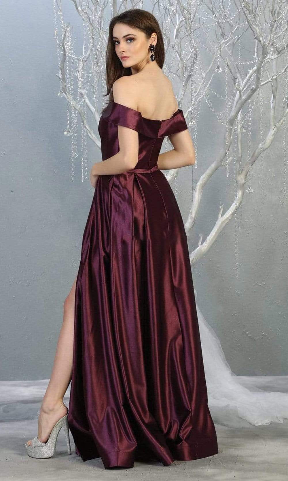 May Queen - MQ1781 Surplice Off Shoulder High Slit Metallic Dress Prom Dresses