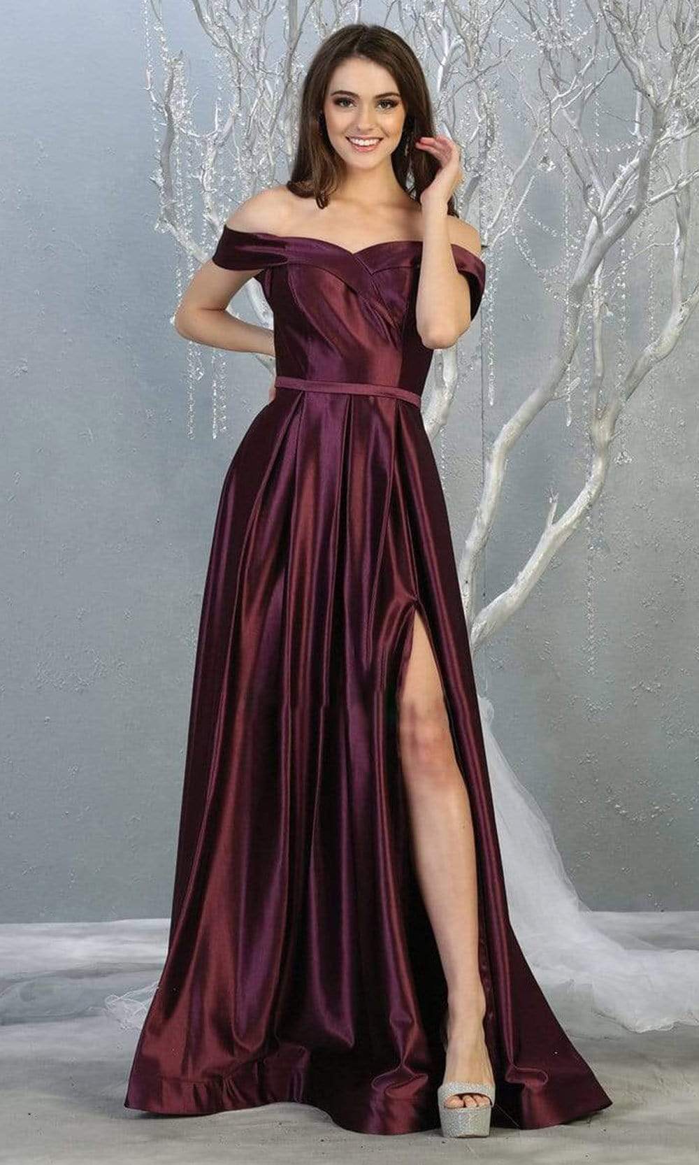 May Queen - MQ1781 Surplice Off Shoulder High Slit Metallic Dress Prom Dresses