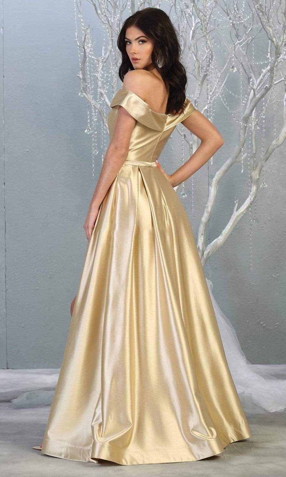 May Queen - MQ1781 Surplice Off Shoulder High Slit Metallic Dress Prom Dresses