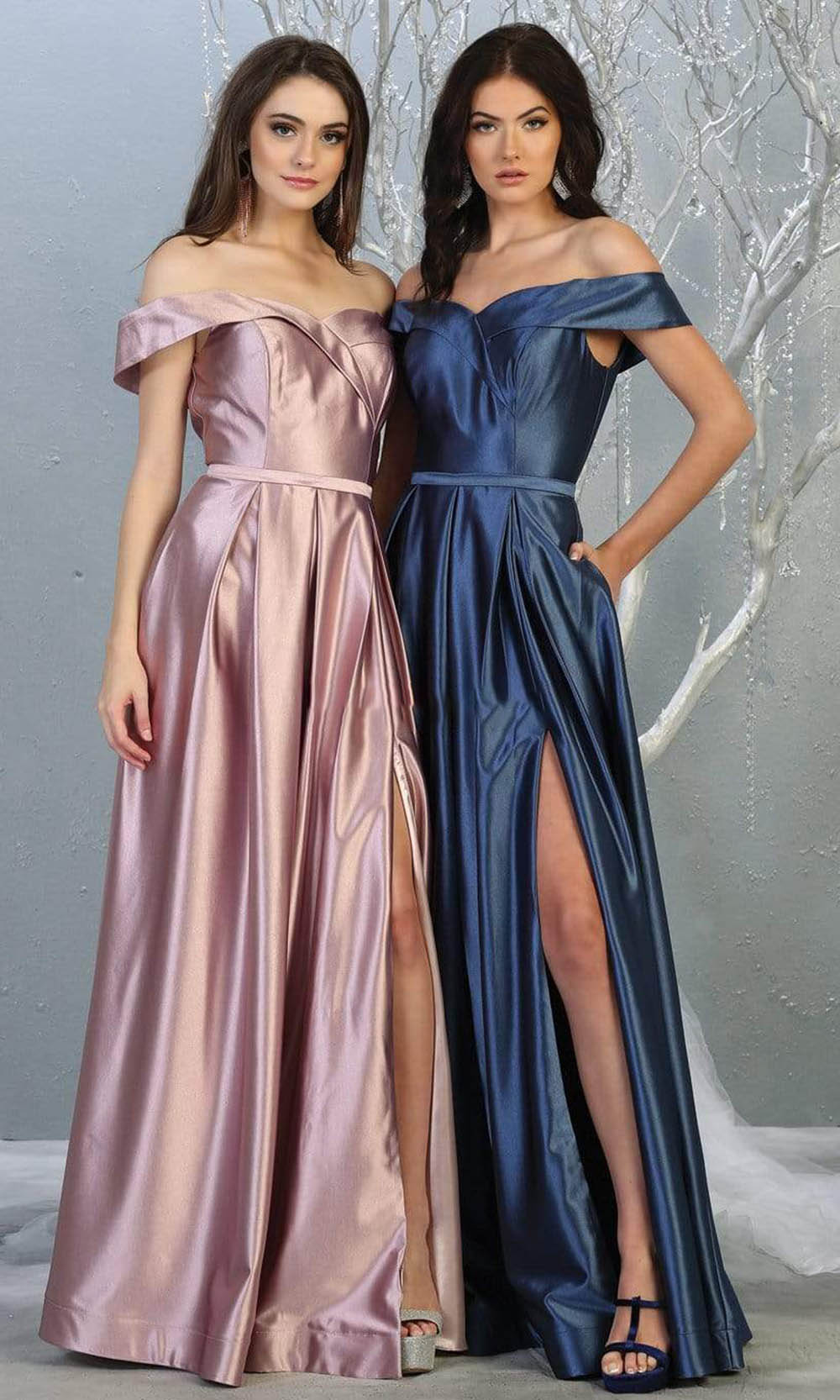 May Queen - MQ1781 Surplice Off Shoulder High Slit Metallic Dress Prom Dresses