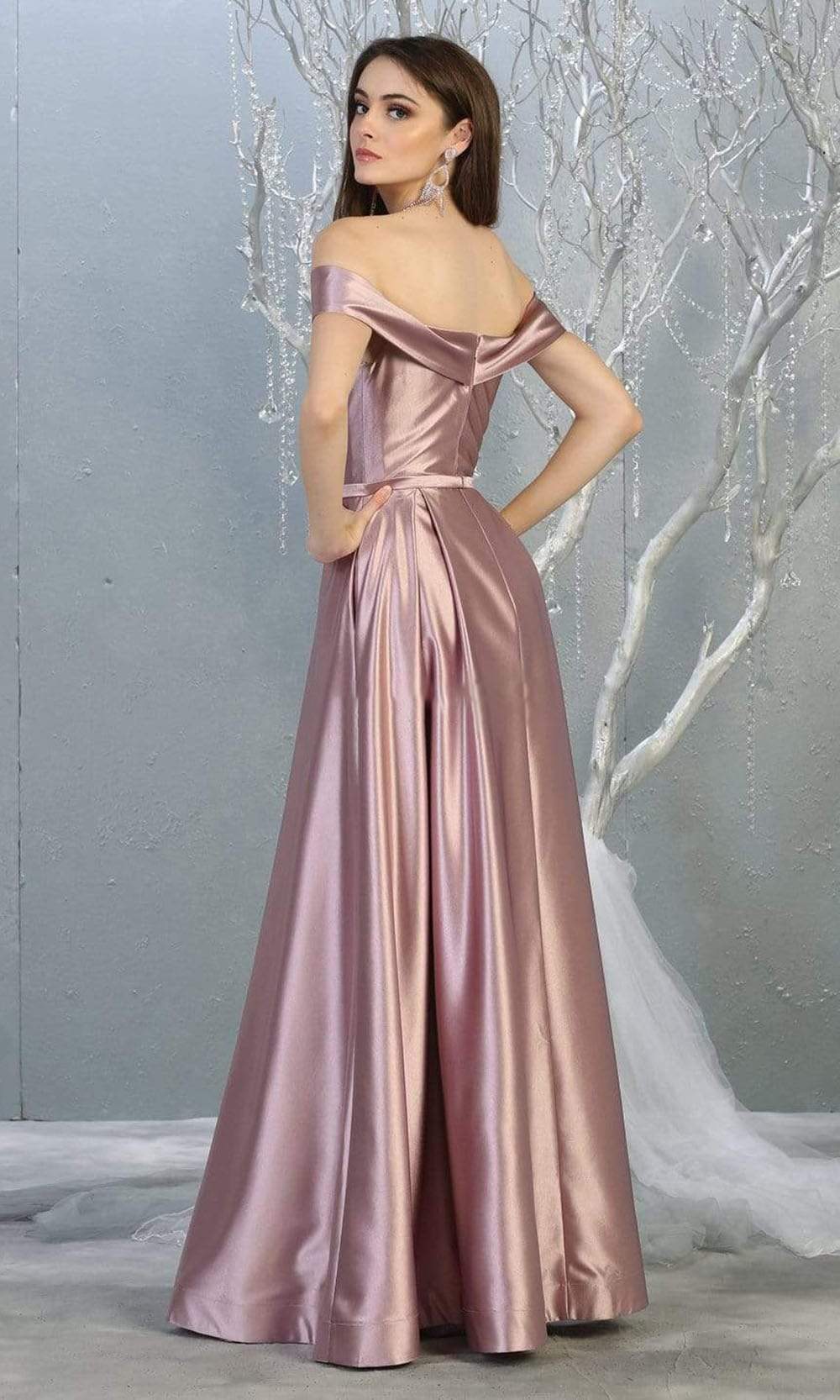 May Queen - MQ1781 Surplice Off Shoulder High Slit Metallic Dress Prom Dresses