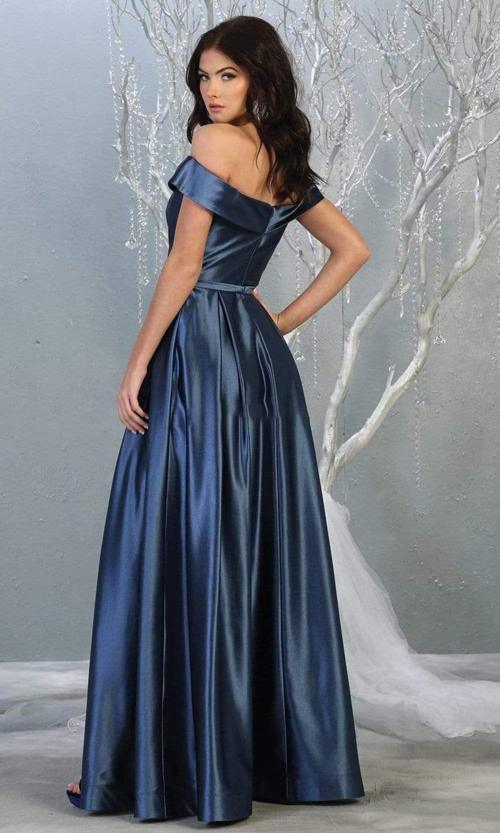 May Queen - MQ1781 Surplice Off Shoulder High Slit Metallic Dress Prom Dresses