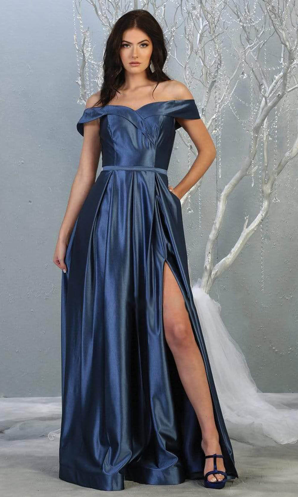 May Queen - MQ1781 Surplice Off Shoulder High Slit Metallic Dress Prom Dresses