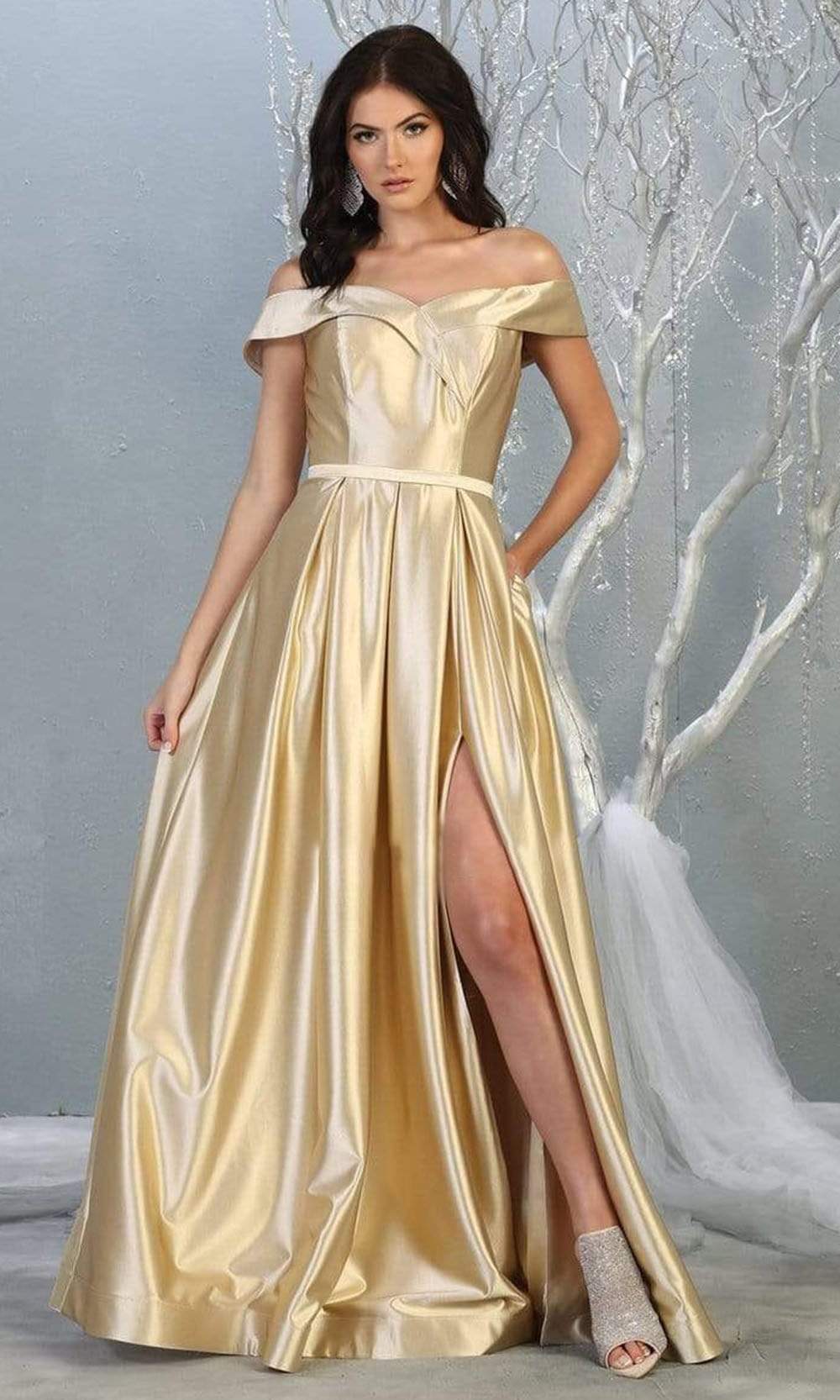 May Queen - MQ1781 Surplice Off Shoulder High Slit Metallic Dress Prom Dresses 4 / Champagne