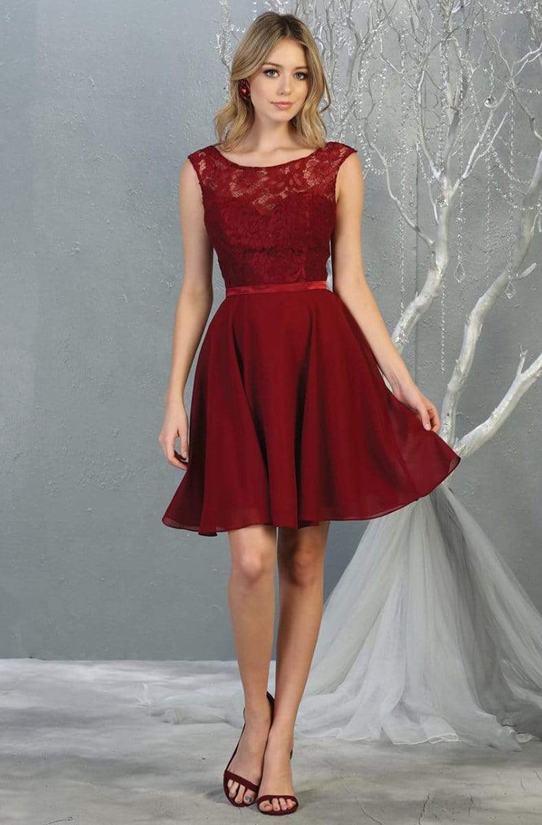 May Queen MQ1814 - Short A-Line Dress - Sleeveless, Lace Overlay Bodice, Satin Waistband, Corset Lace-Up Back, Hidden Back Zipper, Fit And Flare,