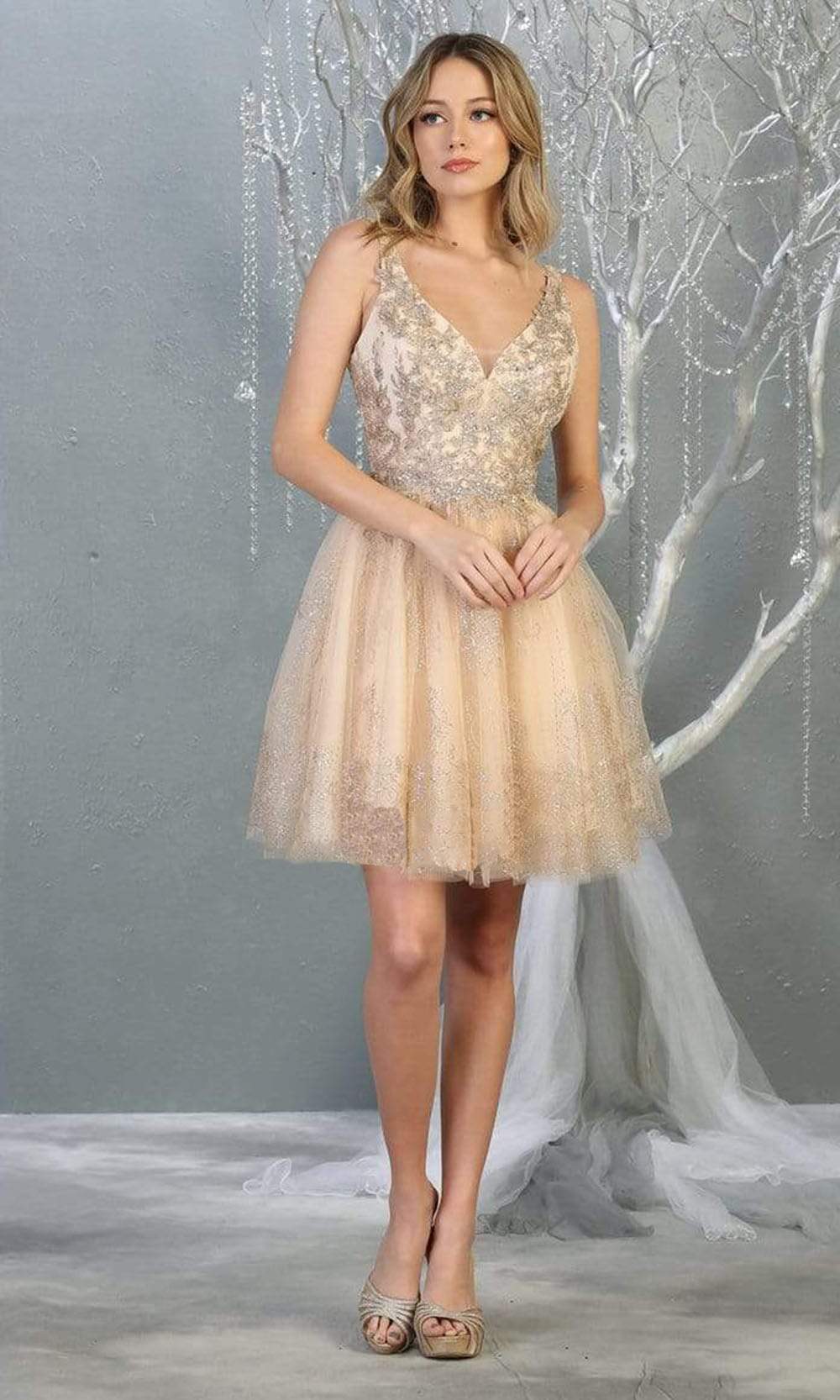May Queen - MQ1817 Sleeveless Metallic Appliqued A-Line Dress Homecoming Dresses 2 / Champagne/Gold