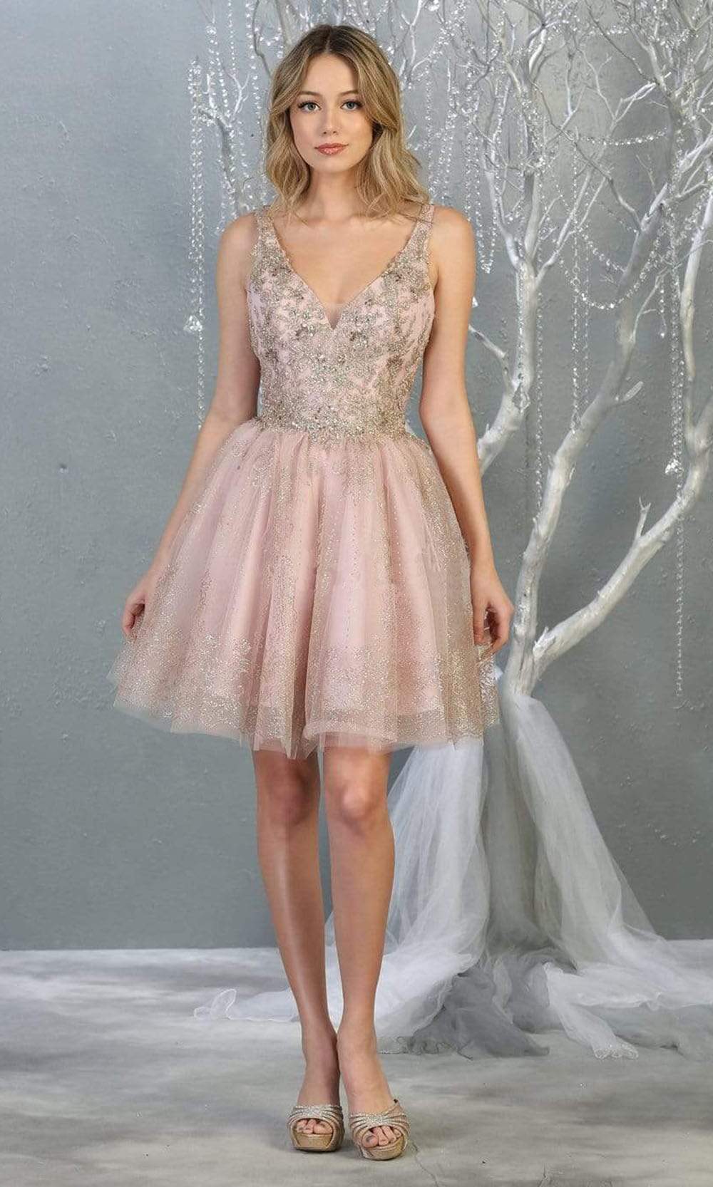May Queen - MQ1817 Sleeveless Metallic Appliqued A-Line Dress Homecoming Dresses 2 / Mauve