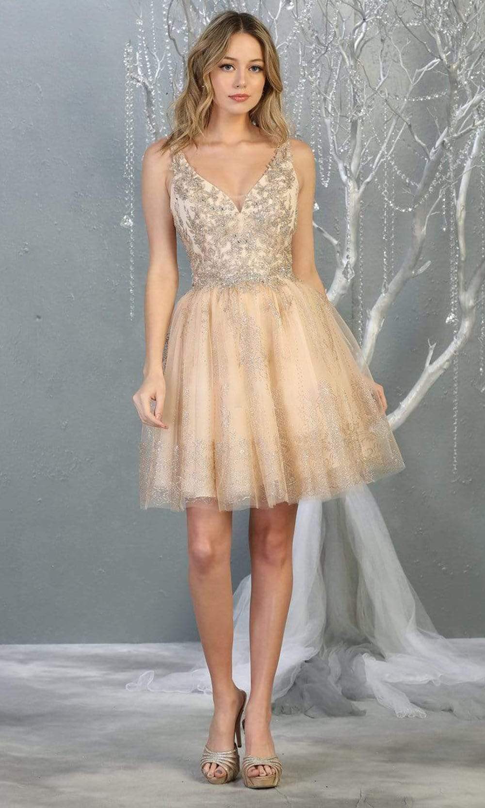 May Queen - MQ1817 Sleeveless Metallic Appliqued A-Line Dress Homecoming Dresses