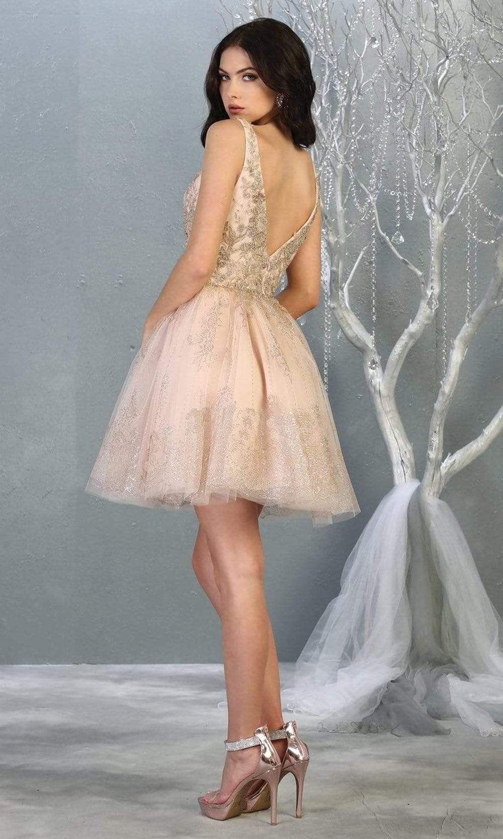 May Queen - MQ1817 Sleeveless Metallic Appliqued A-Line Dress Homecoming Dresses