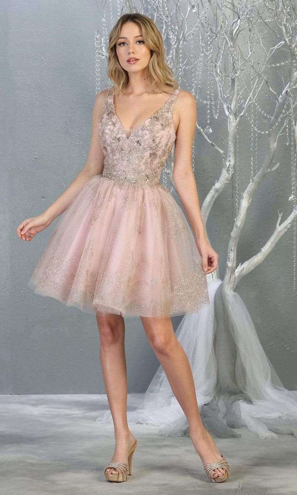 May Queen - MQ1817 Sleeveless Metallic Appliqued A-Line Dress Homecoming Dresses