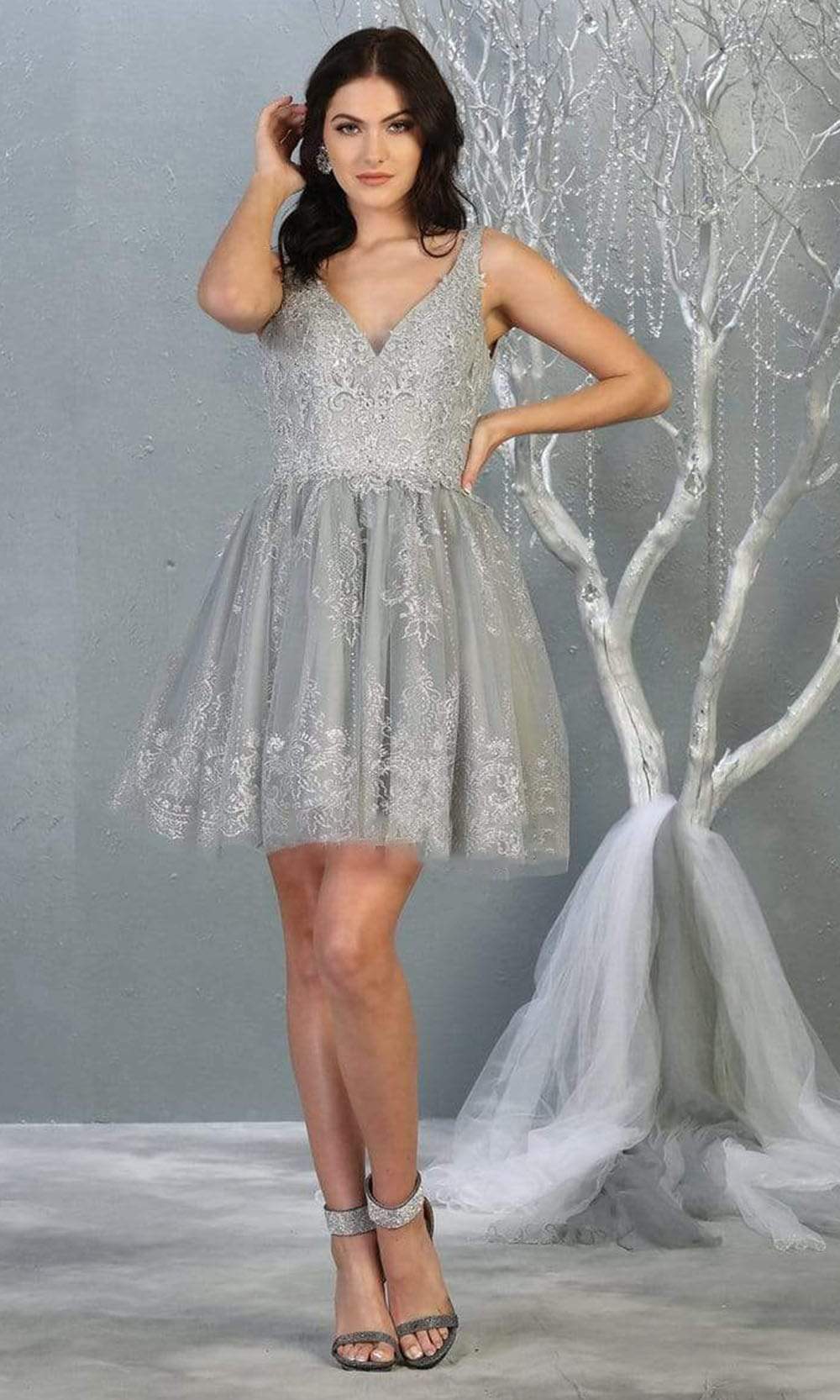 May Queen - MQ1817 Sleeveless Metallic Appliqued A-Line Dress Homecoming Dresses