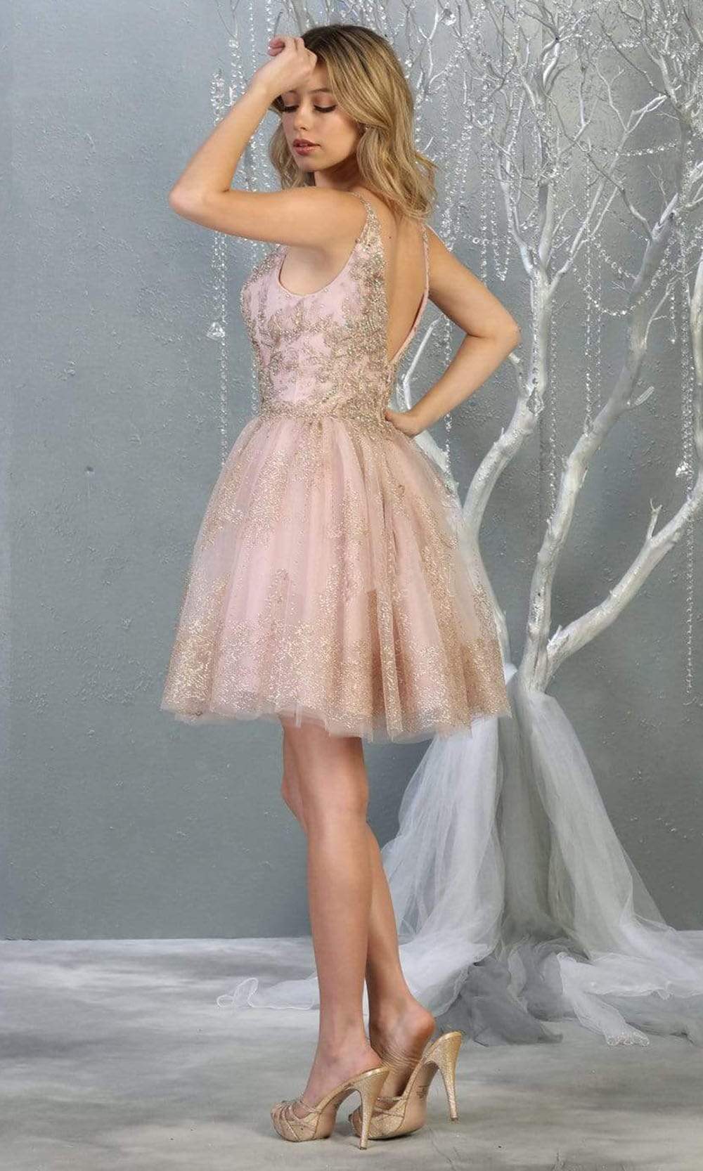 May Queen - MQ1817 Sleeveless Metallic Appliqued A-Line Dress Homecoming Dresses