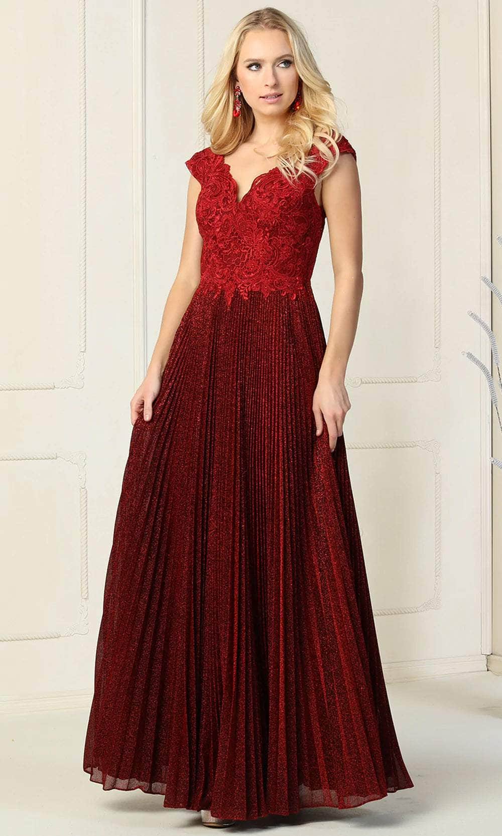May Queen MQ1836 - Accordion Pleated Skirt Formal Gown Evening Dresses 6 / Burgundy