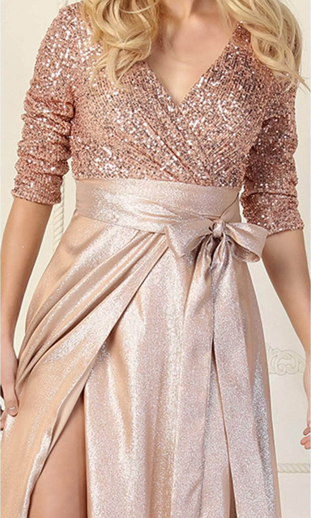 May Queen MQ1852 - Quarter Sleeve Sequined Long Dress Evening Dress