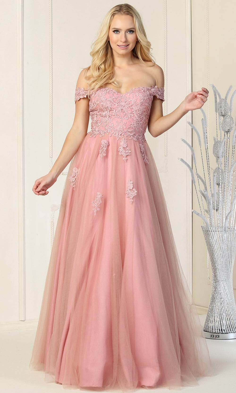 May Queen MQ1866 - Floral Embellishments Off Shoulder Ball gown Special Occasion Dress In Pink