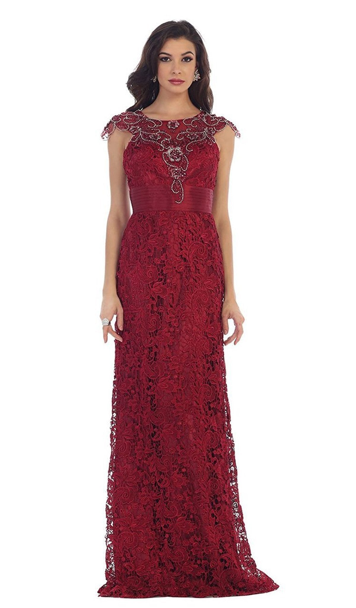 May Queen - RQ7182 Rhinestone Lace Floral Evening Gown Special Occasion Dress 6 / Burgundy