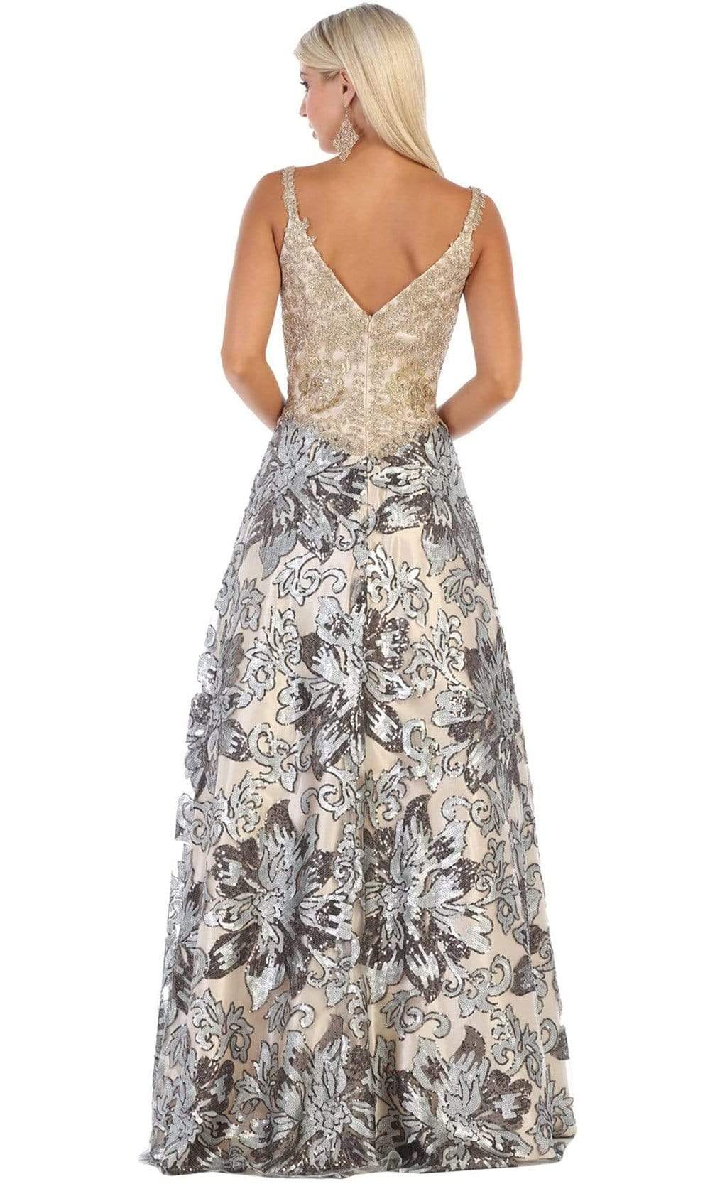 May Queen - RQ7655 Two Tone Embellished Deep V-neck A-line Dress Special Occasion Dress