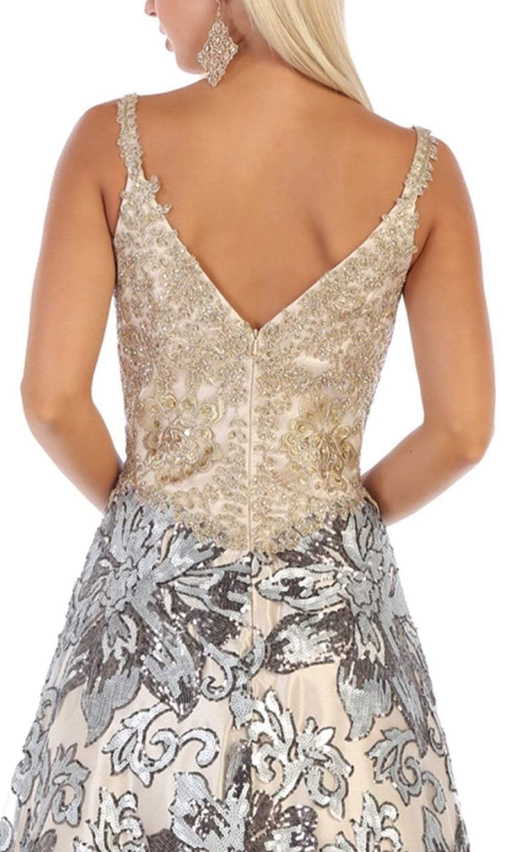 May Queen - RQ7655 Two Tone Embellished Deep V-neck A-line Dress Special Occasion Dress