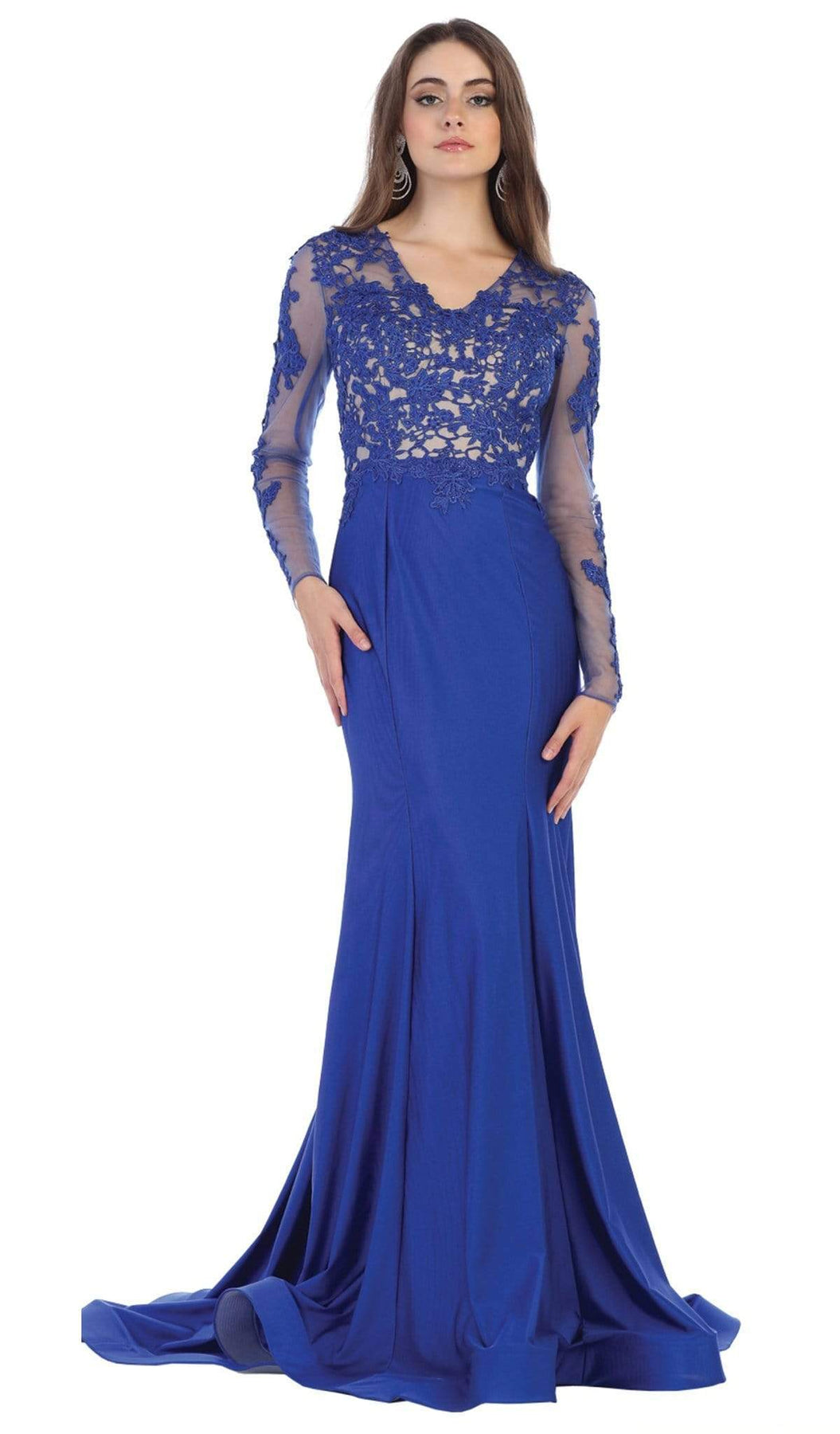 May Queen - RQ7661 Illusion Long Sleeve Appliqued Mermaid Gown Mother of the Bride Dresses 4 / Royal