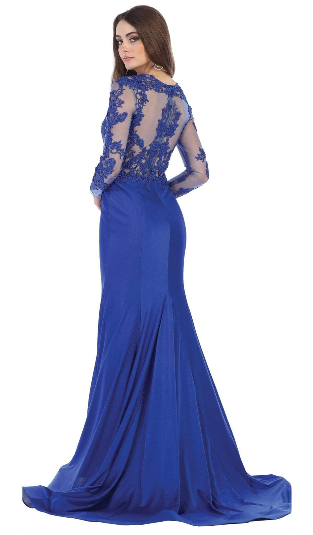May Queen - RQ7661 Illusion Long Sleeve Appliqued Mermaid Gown Mother of the Bride Dresses