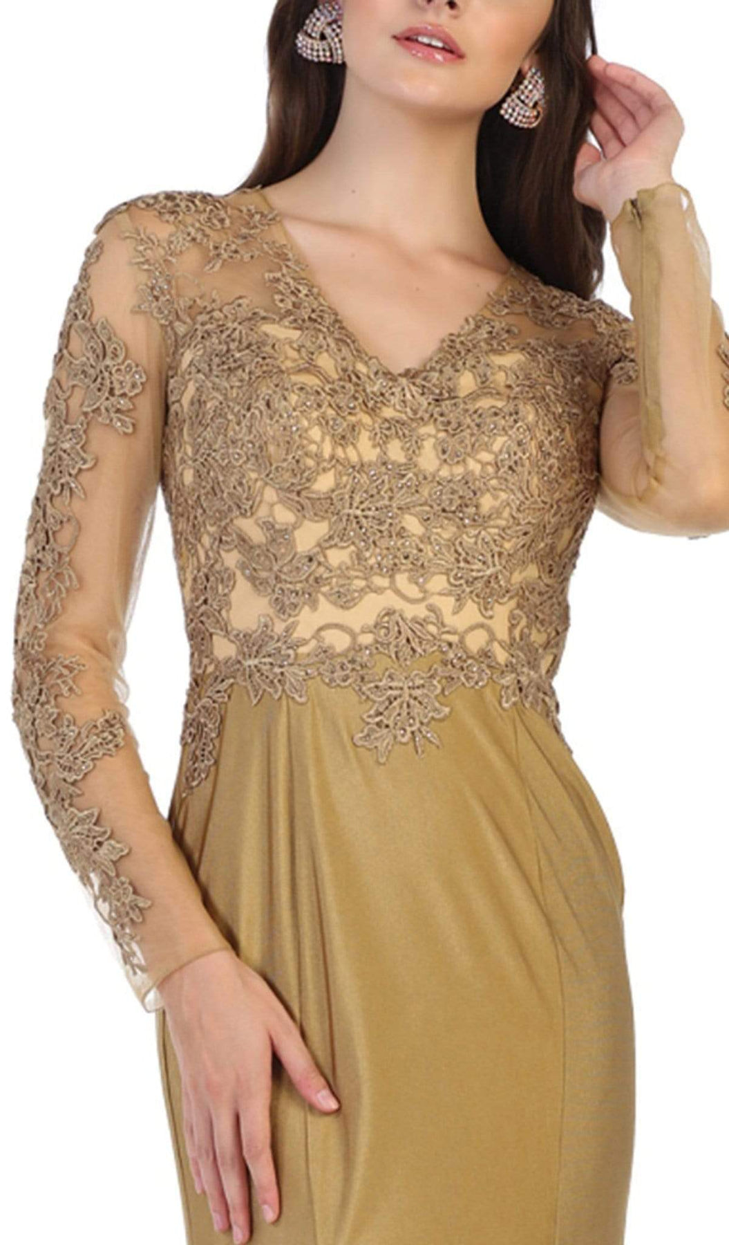 May Queen - RQ7661 Illusion Long Sleeve Appliqued Mermaid Gown Mother of the Bride Dresses