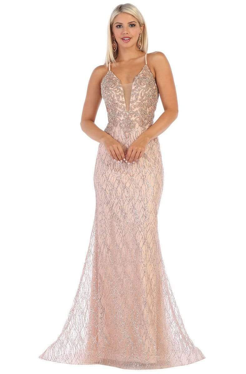 May Queen - RQ7683 Embellished Deep V-neck Trumpet Dress Prom Dresses 2 / Rosegold