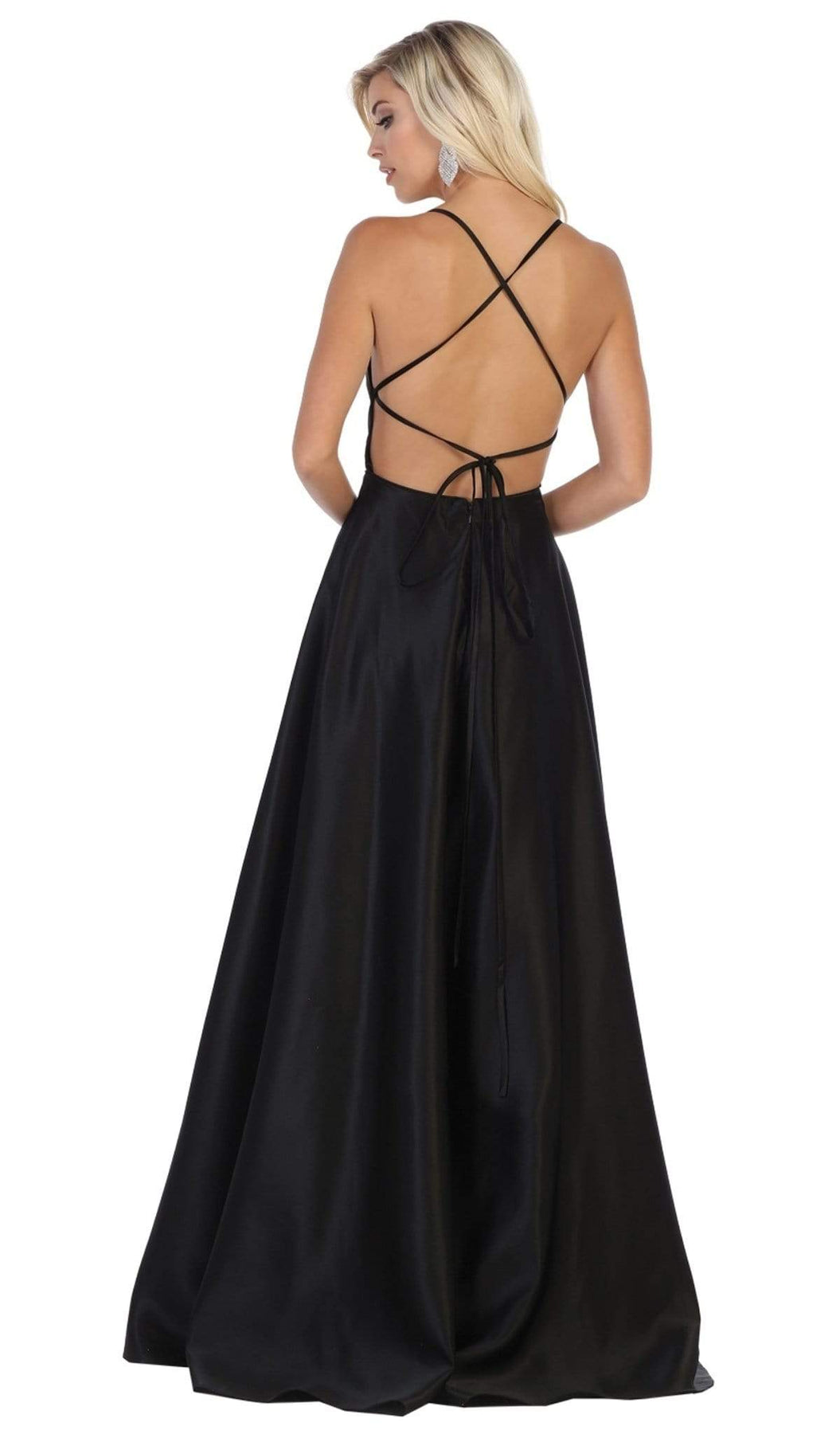 May Queen - RQ7711 Sleeveless Square Neck Tie String Back Satin Gown Bridesmaid Dresses