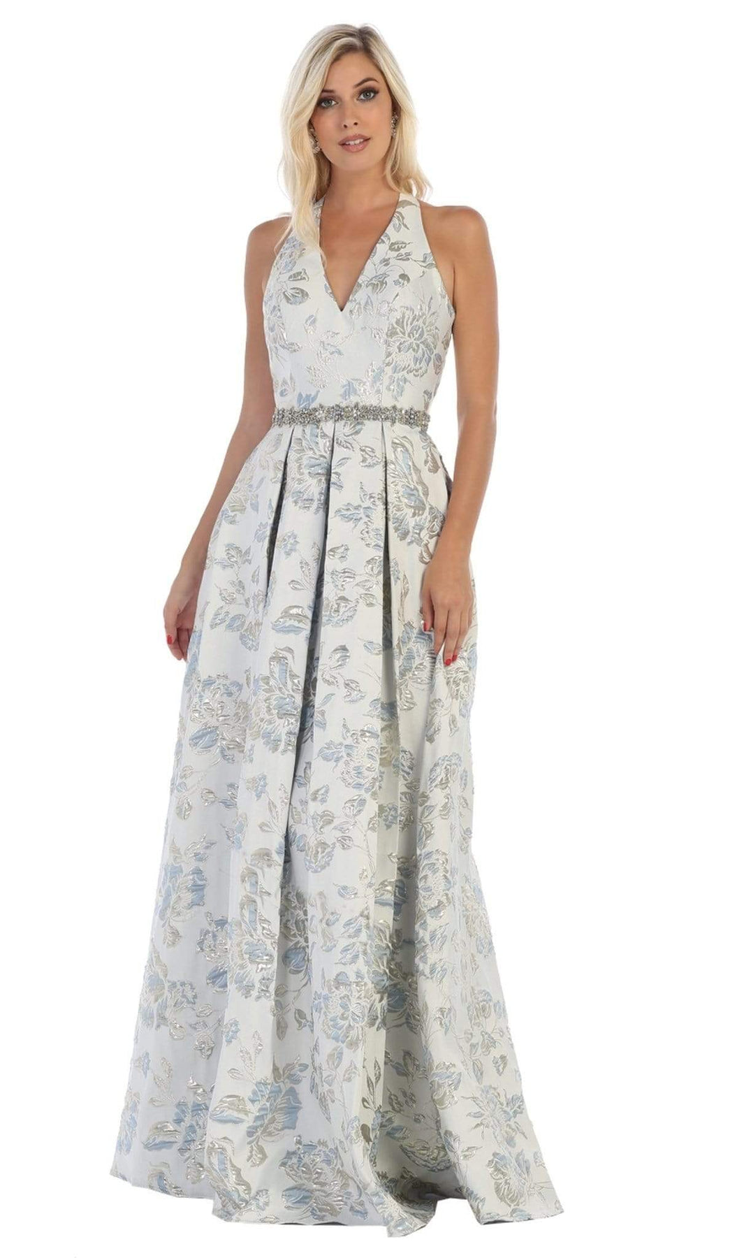 May Queen - RQ7731 Floral Detailed Halter V-neck A-line Dress Special Occasion Dress 2 / Perrywinkle