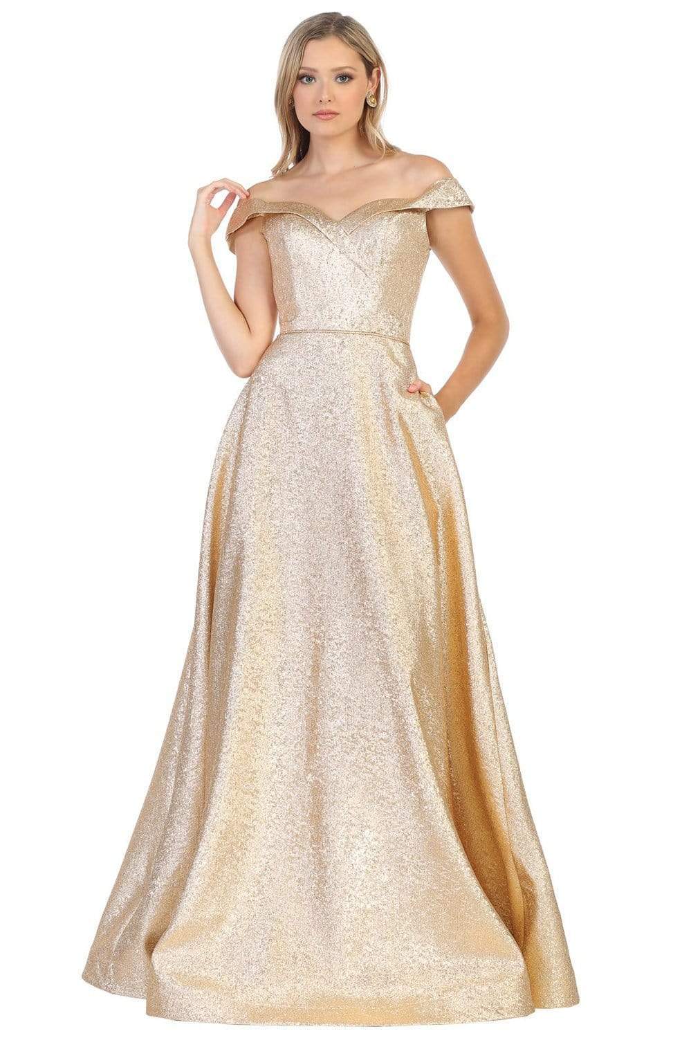 May Queen - RQ7793 Off-Shoulder Neck Ballgown Ball Gowns 4 / Gold