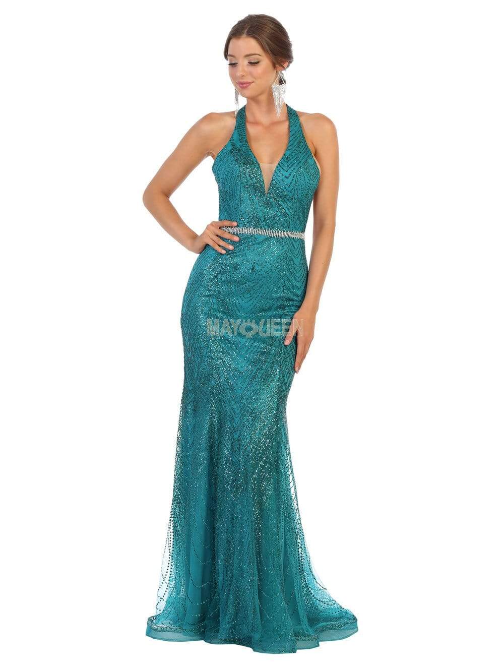 May Queen - RQ7797 Glitter Plunging Halter Evening Dress Evening Dresses