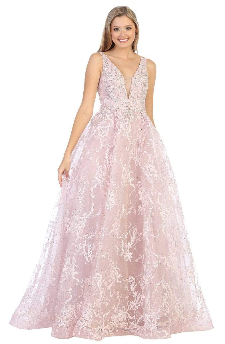 May Queen - RQ7801 Embellished Deep V-neck A-line Dress Prom Dresses 4 / Mauve